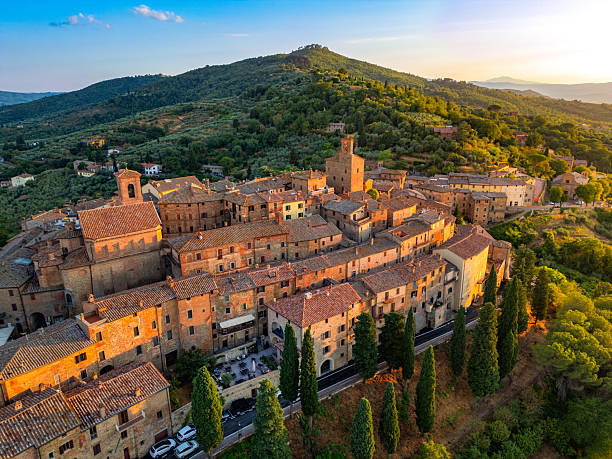 istock Panicale, Italian medieval town from drone at sunset 2241287268