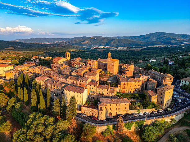 istock Panicale, Italian medieval town from drone at sunset 2241287917