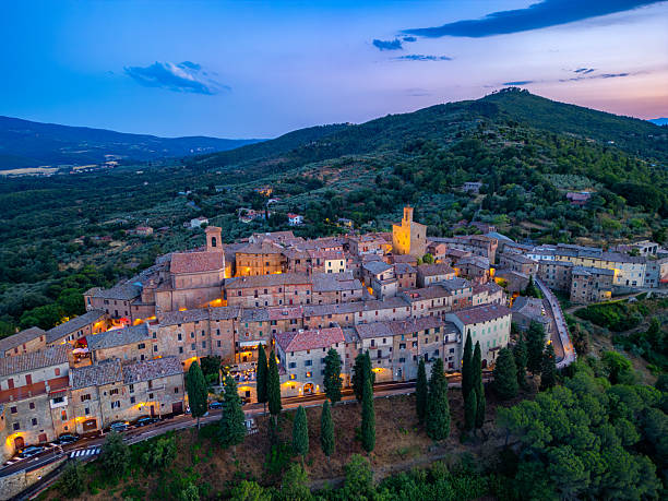 istock Panicale, Italian medieval town from drone at dusk 2241287918