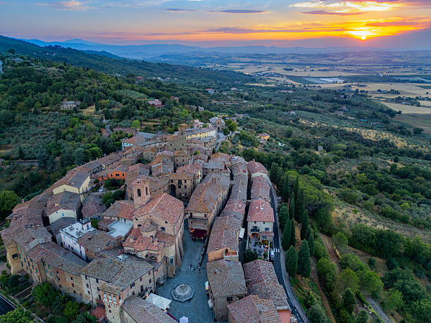 istock Panicale, Italian medieval town from drone at sunset 2241287921