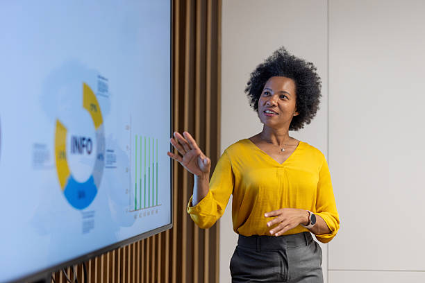 istock Confident businesswoman giving presentation in modern office 2241288042