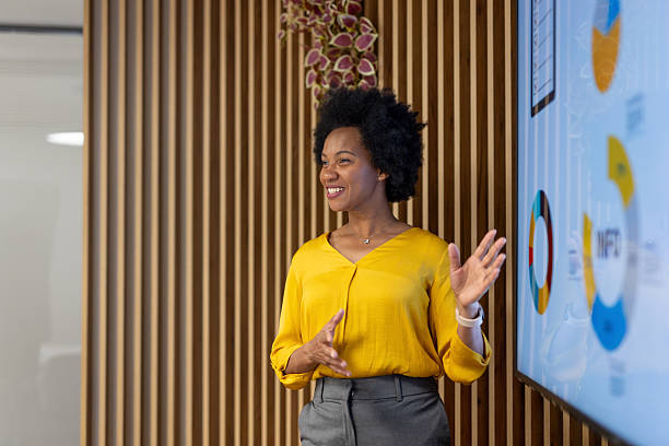 istock Confident businesswoman giving presentation in modern office 2241288076