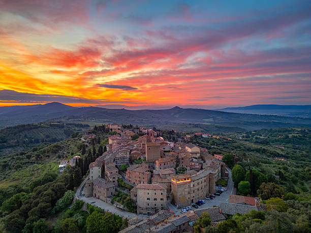 istock Panicale, Italian medieval town from drone at dusk 2241288120