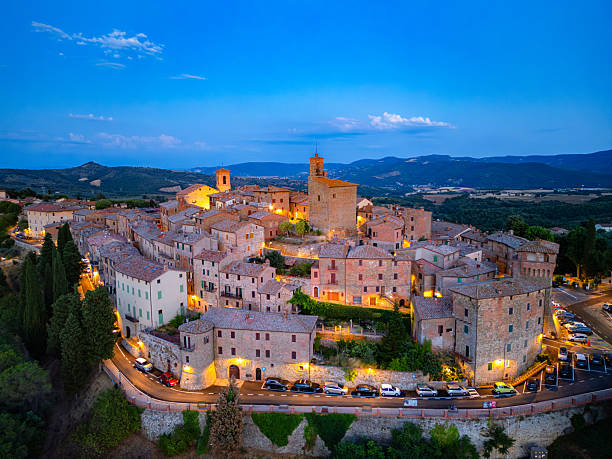istock Panicale, Italian medieval town from drone at dusk 2241288122