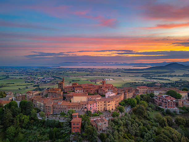 istock Panicale, Italian medieval town from drone at dusk 2241288197