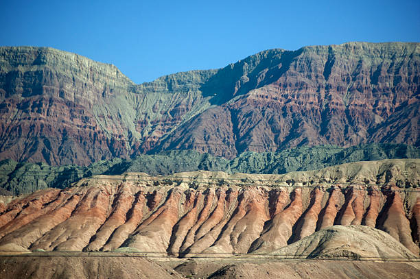 istock Colorful mountain range with distinct layers under clear blue sky 2241288279