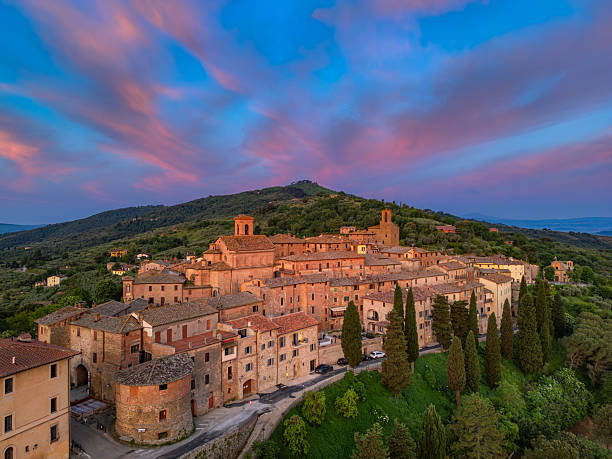 istock Panicale, Italian medieval town from drone at dusk 2241288310