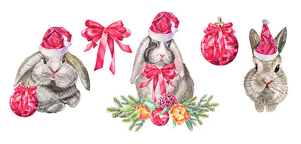 istock Watercolor set with rabbit in red christmas crinkle hat for santa and bow isolated on white background. Winter clipart for celebration New Year card or sticker. Wrapping or wallpaper and textile 2241293929