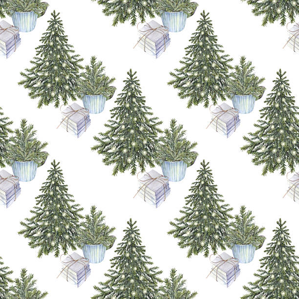 istock Watercolor seamless pattern with Christmas tree with gold garland and gift box on white background. Forest evergreen fir or pine for sticker. Hand-drawn New Year celebration wrapping or wallpaper 2241294418
