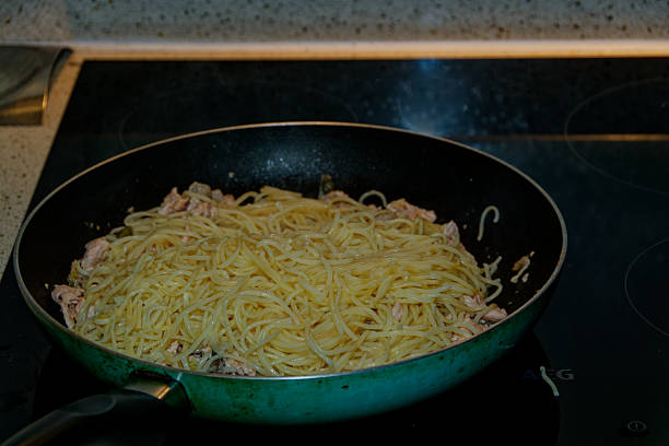 Salmon and Mushroom Pasta with pasta added and not yet stirred