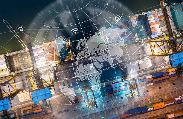 istock World map with logistic network distribution on background. Logistic and transport concept in front Logistics Industrial Container Cargo freight ship for Concept of fast or instant shipping, Online goods orders worldwide 2241313084