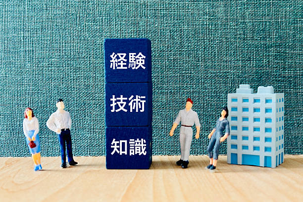 istock Miniature workers and office figures around stacked blocks labeled experience, skills, and knowledge 2241316706