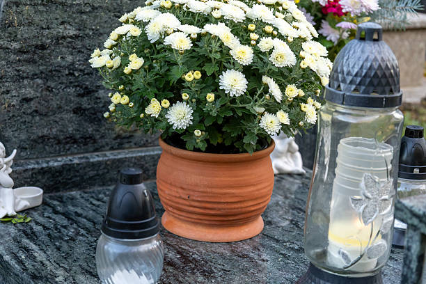 Flowers on a tombstone in the public cemetery