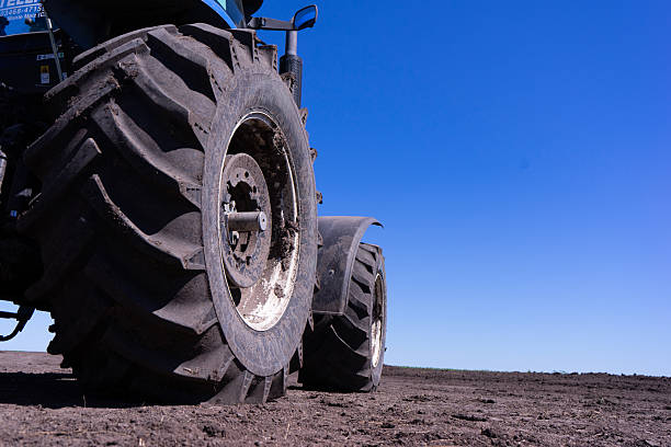 A blue and black tractor, with its large rear tires, maneuvers down a cobblestone road in a park surrounded by green trees. The driver is focused on the path ahead.
