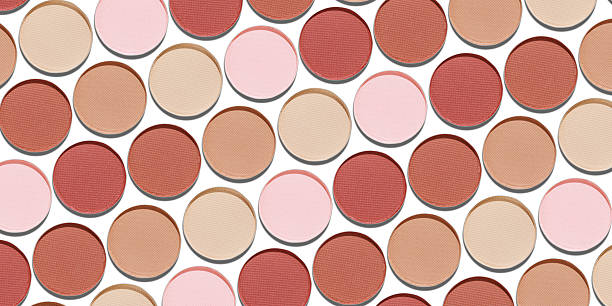 Cosmetics texture pattern, Neutral brown beige eye shadow makeup palette, round eye powder swatches. Female cosmetic, beauty products, aesthetic minimal beauty banner, natural eyeshade, above view