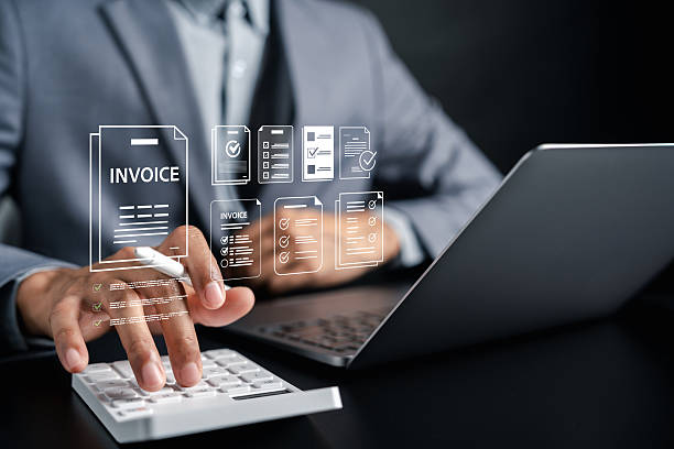 istock Invoice calculate check with digital documents, calculator, and laptop. billing management, financial control, accounting, payment processing, and business administration. 2241330945