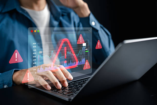 istock Risk assessment with financial data dashboard, warning alerts, and stock market analysis, investment risk, trading volatility, security monitoring, and business decision management. 2241330972