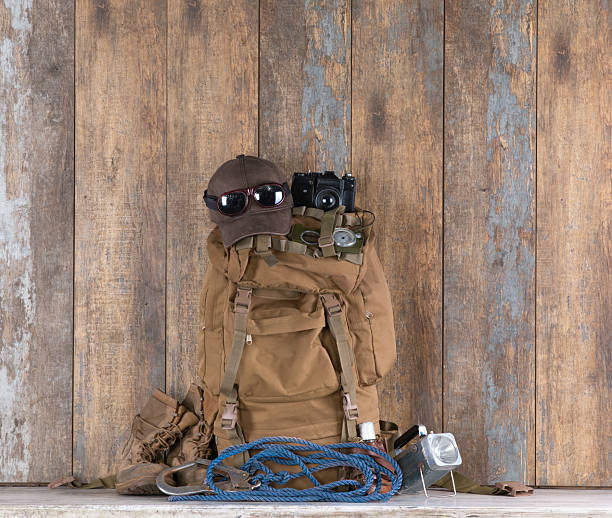 istock canvas travel backpack and accessories on a wooden table 2241336188