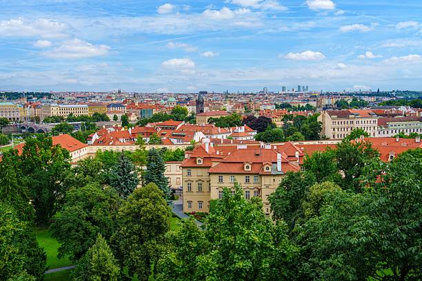 istock Panoramic View of Prague Cityscape with Red Rooftops and Green Trees under Cloudy Blue Sky 2241336811