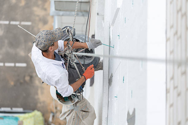 istock Construction worker insulating the exterior wall of a building with polystyrene panels at height. 2241337393