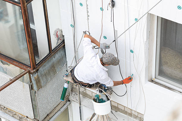 istock Construction worker insulating the exterior wall of a building with polystyrene panels at height. 2241337449