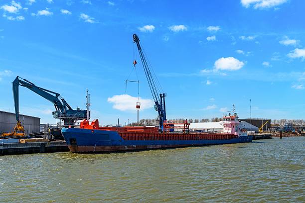A cargo ship is being unloaded at a busy port with cranes working efficiently under a clear blue sky. The scene highlights the logistics and maritime transport industry.