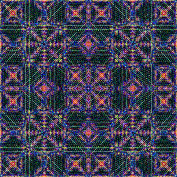 A seamless geometric kaleidoscopic pattern in soft blue and pink tones. Symmetrical floral effect, perfect for textiles, bandanas, scarves, wallpaper, or wrapping paper.