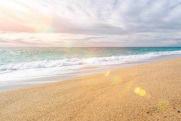 istock Serene Beach Scene with Golden Sand and Gentle Waves Under a Cloudy Sky, Relaxation 2241341476