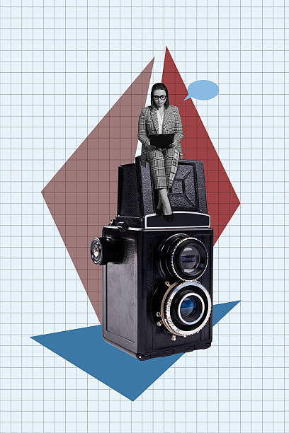 istock Art collage of person sit use netbook retro camera on blue checkered pattern background 2241356871