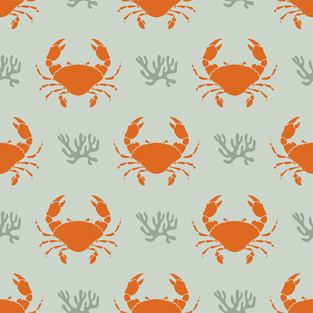 istock Crab Whimsical Seamless Pattern with coral on green Background. Vintage coastal print with retro seafood illustration and ocean life. Perfect for marine baby prints, nursery decor 2241357501
