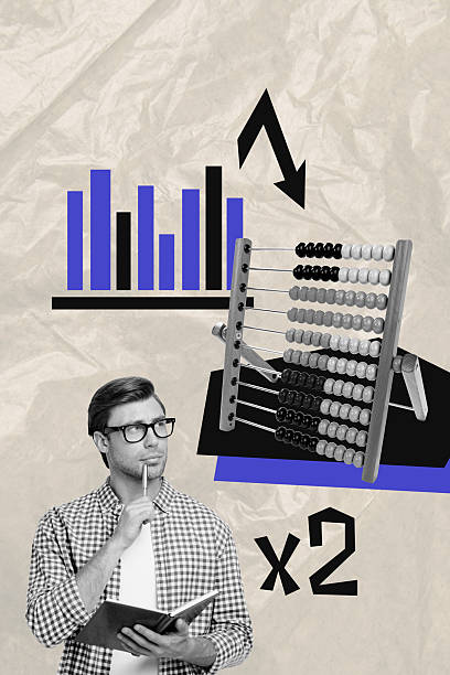 istock Composite sketch design artwork 3D photo collage of retro count tool arrow down young man think hold book trader goal success target stats 2241358781