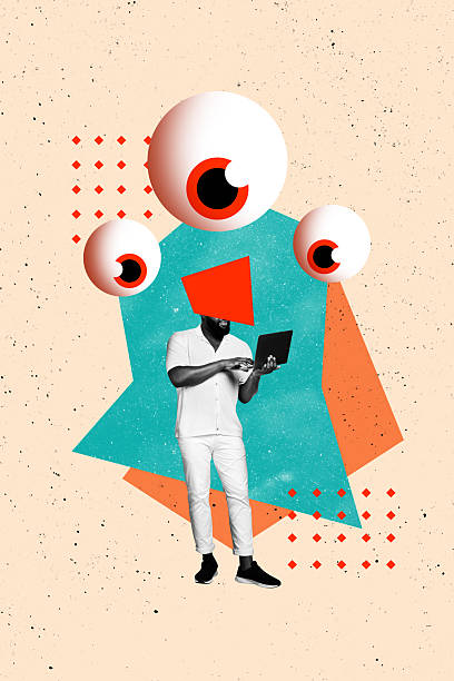 istock Sketch composite 3D photo collage trend artwork of eyes third eye vision focus cyberspace young man programmer stand type computer netbook 2241358878