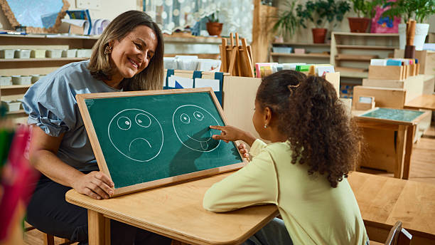 istock Smiling teacher and child pointing at happy face drawing in classroom therapy activity 2241359567
