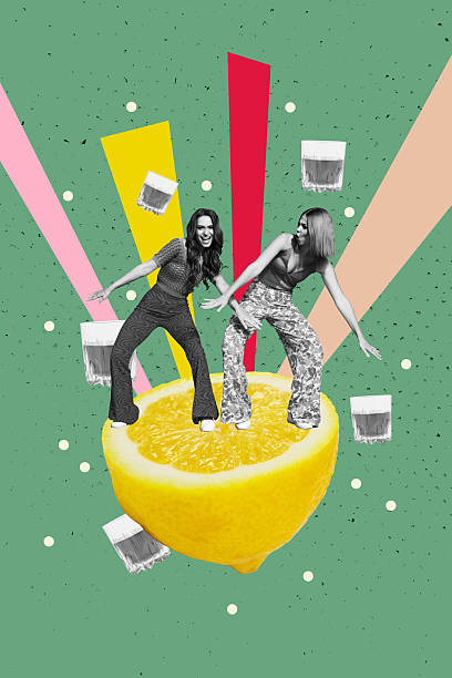 istock Template collage design artwork sketch of two young lady dance half lemon weekend occasion rest nightclub alcohol toast glass friday relax 2241360102