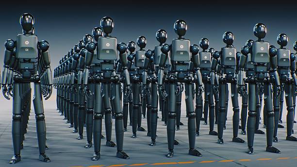 istock Large Group of Humanoid Robots Assembled in Precise Lines, Illuminated By Cool Studio Light 2241360271