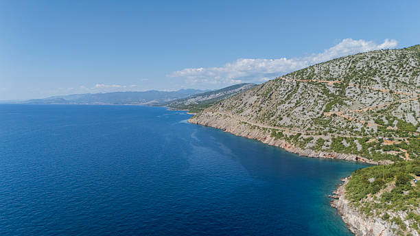 Aerial view of the Adriatic coastline featuring rugged hills and vibrant blue waters under a clear sky. The landscape includes rocky terrain meeting the sea, showcasing natural beauty and tranquility in this coastal region.