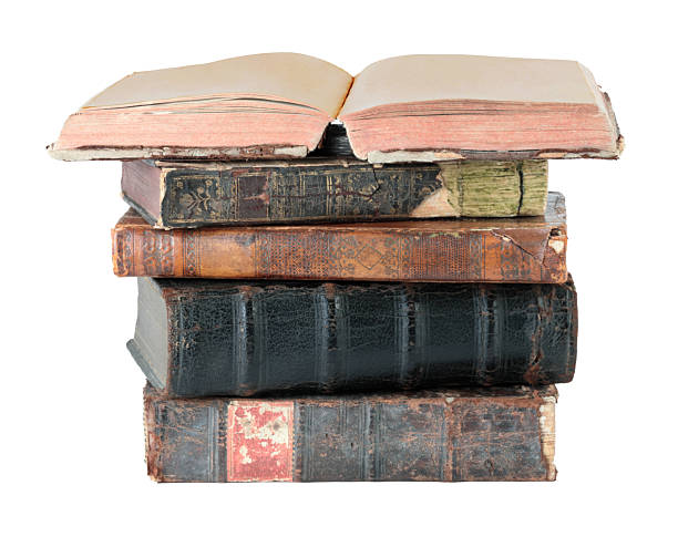 istock Stack of antique books with one open book showing blank pages, isolated on transparent background 2241364601