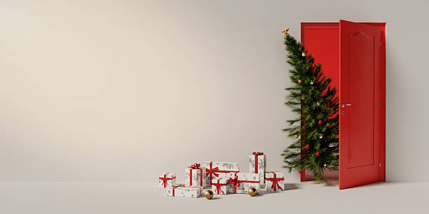 istock Holiday gifts with Christmas tree emerging from an open door. 3D render illustration 2241365964