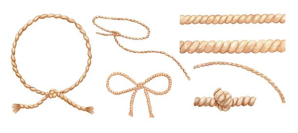 Rope with knot, lasso and ribbon watercolour isolated illustration, texture drawings set