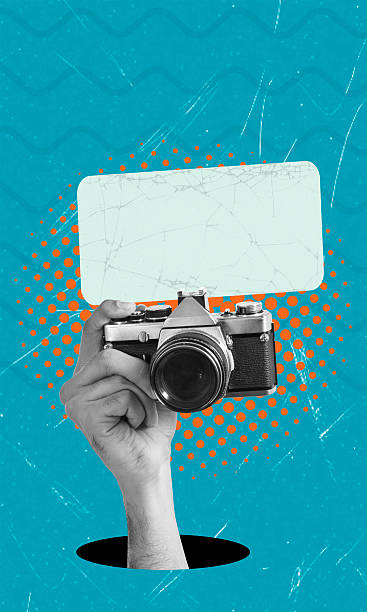 istock Art collage, Vintage camera held in hand with empty space for text on a colorful background 2241383257