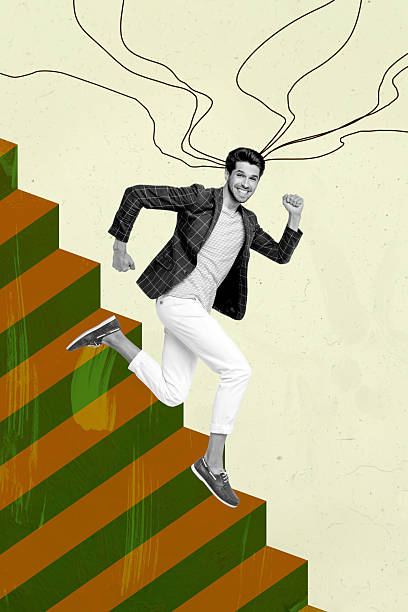 istock Art creative collage of person run fast high ladders step on yellow background 2241387539