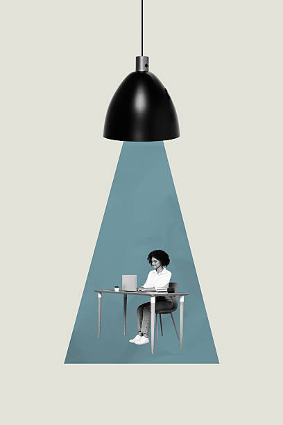 istock Trend artwork composite 3D photo collage design of young woman sit table virtual internet netbook laptop computer lamp light idea creative 2241388017