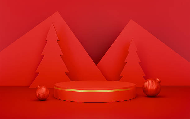 istock Happy new year with red podium and paper pine tree background 2241394868