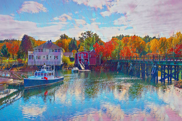 istock Booth Bay Harbor Maine at sunrise with fall leaf colors- Maine 2241400529