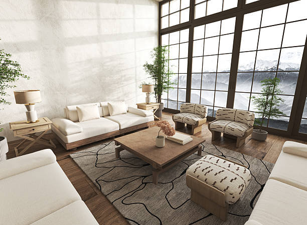 istock Scandinavian style living room with mountain view 2241401076