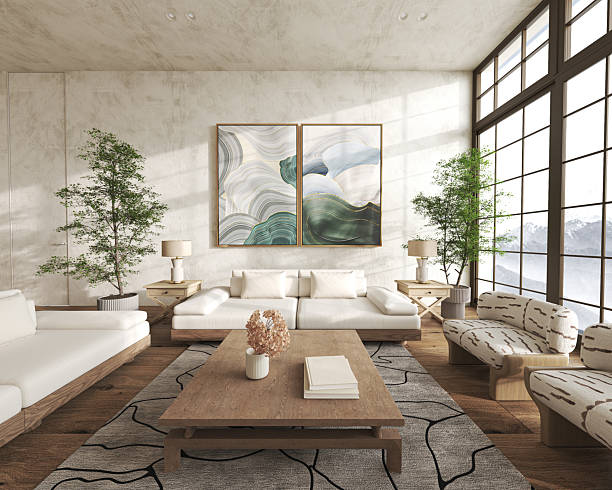 istock Modern living room with abstract art and mountain view 2241401178