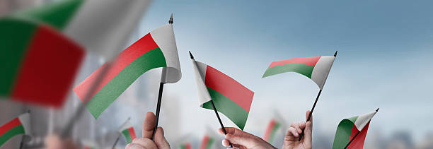 istock Madagascar flags in their hands on a blurred urban background 2241404593
