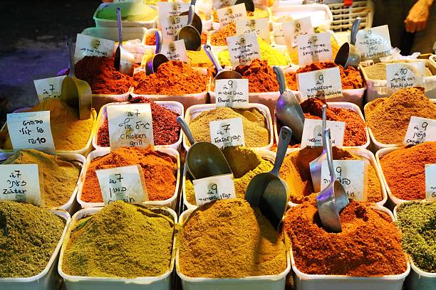 Colorful spice selection at Carmel Market in Tel Aviv, Israel. Carmel Market is located in Kerem HaTeimanim neighborhood of Tel Aviv.