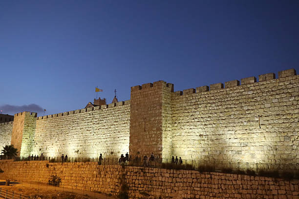Jerusalem old city walls night aerial view