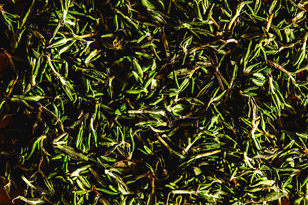 Thyme leaves freshly picked off the stems.
